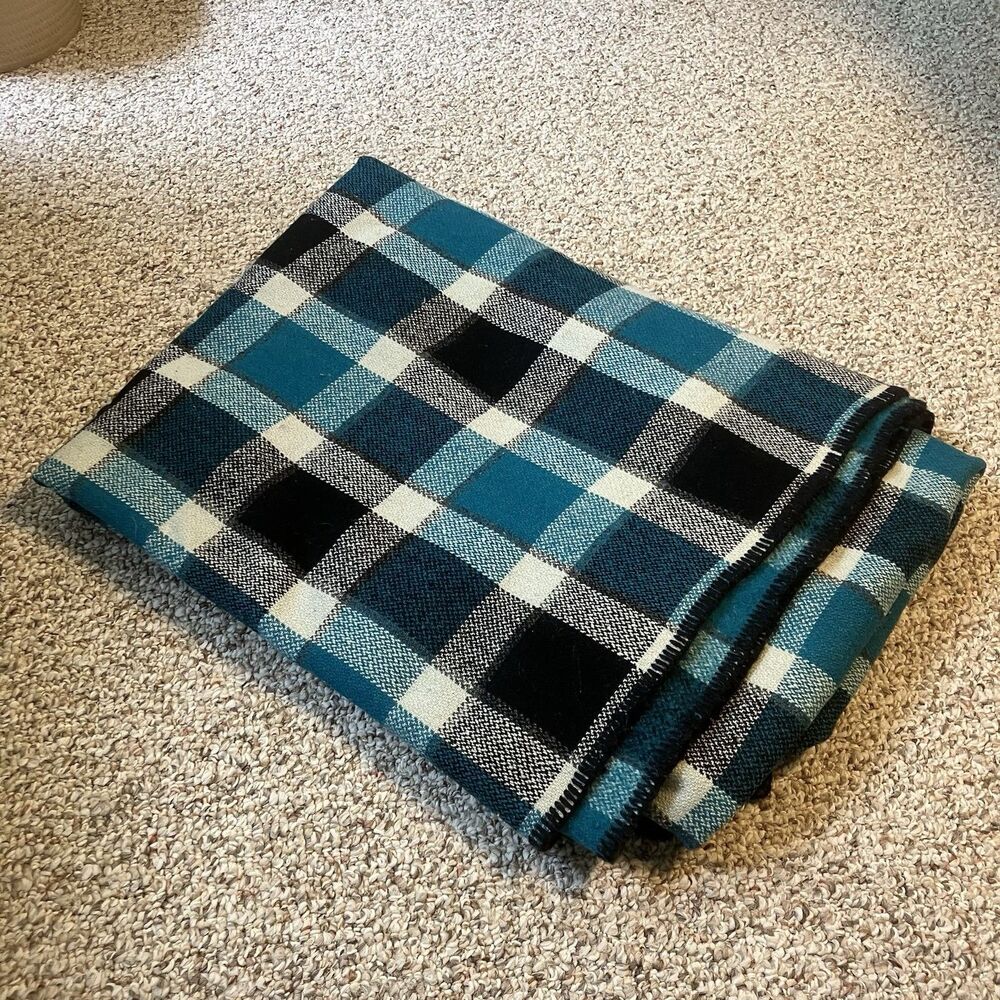 Amana Woolen Mill Plaid Blanket 82" x 62" Black Teal Blue Wool Made in USA Heavy